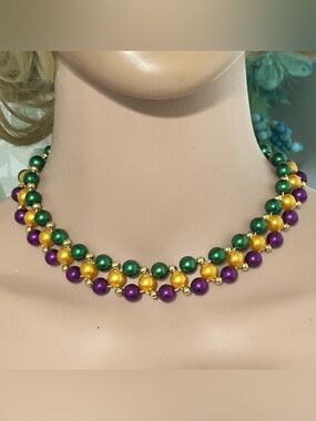 Mardi Gras Gold Purple Green Beaded Triple-Row Choker Necklace